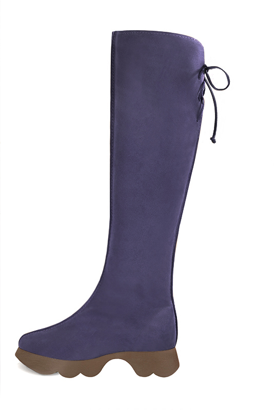 Lavender purple women's knee-high boots, with laces at the back. Round toe. Low rubber soles. Made to measure. Profile view - Florence KOOIJMAN